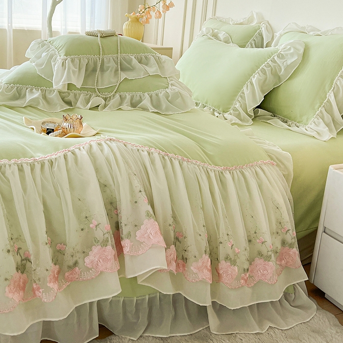 91家纺网 家纺一手货源 找家纺 鼎丰家纺 2025新款蕾丝雪纺花边四件套-悦夏花影系列 悦夏花影-浅绿