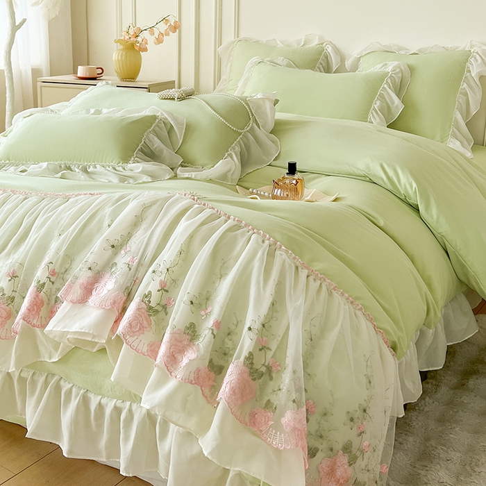 91家纺网 家纺一手货源 找家纺 鼎丰家纺 2025新款蕾丝雪纺花边四件套-悦夏花影系列 悦夏花影-浅绿