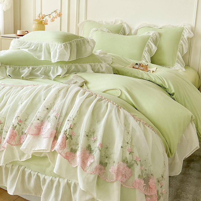 91家纺网 家纺一手货源 找家纺 鼎丰家纺 2025新款蕾丝雪纺花边四件套-悦夏花影系列 悦夏花影-浅绿