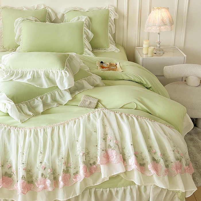 91家纺网 家纺一手货源 找家纺 鼎丰家纺 2025新款蕾丝雪纺花边四件套-悦夏花影系列 悦夏花影-浅绿