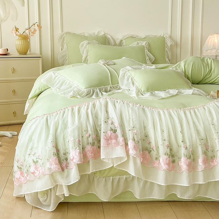 91家纺网 家纺一手货源 找家纺 鼎丰家纺 2025新款蕾丝雪纺花边四件套-悦夏花影系列 悦夏花影-浅绿