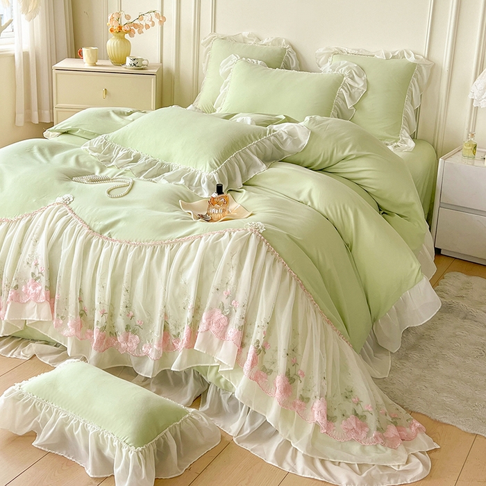 91家纺网 家纺一手货源 找家纺 鼎丰家纺 2025新款蕾丝雪纺花边四件套-悦夏花影系列 悦夏花影-浅绿