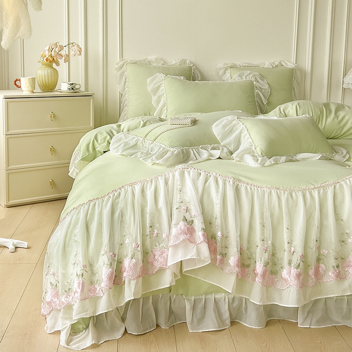 91家纺网 家纺一手货源 找家纺 鼎丰家纺 2025新款蕾丝雪纺花边四件套-悦夏花影系列 悦夏花影-浅绿