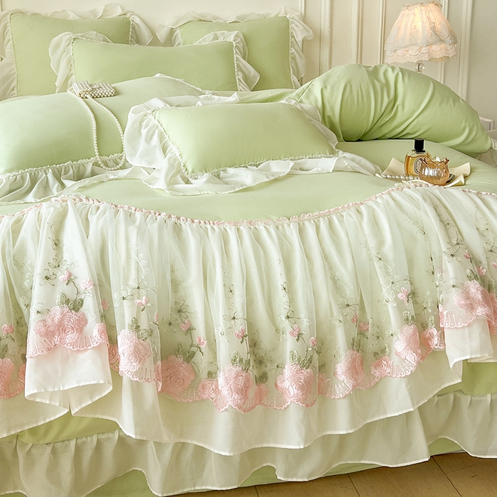 91家纺网 家纺一手货源 找家纺 鼎丰家纺 2025新款蕾丝雪纺花边四件套-悦夏花影系列 悦夏花影-浅绿