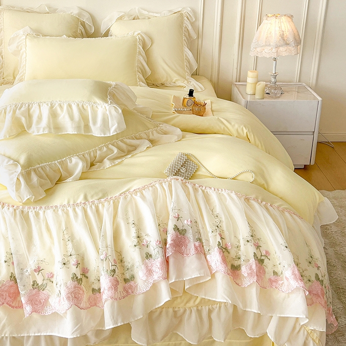 91家纺网 家纺一手货源 找家纺 鼎丰家纺 2025新款蕾丝雪纺花边四件套-悦夏花影系列 悦夏花影-米黄