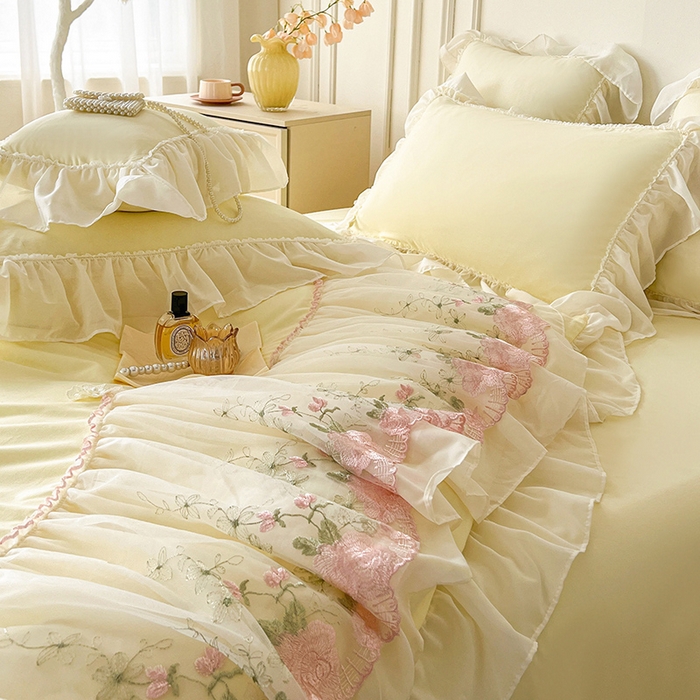 91家纺网 家纺一手货源 找家纺 鼎丰家纺 2025新款蕾丝雪纺花边四件套-悦夏花影系列 悦夏花影-米黄