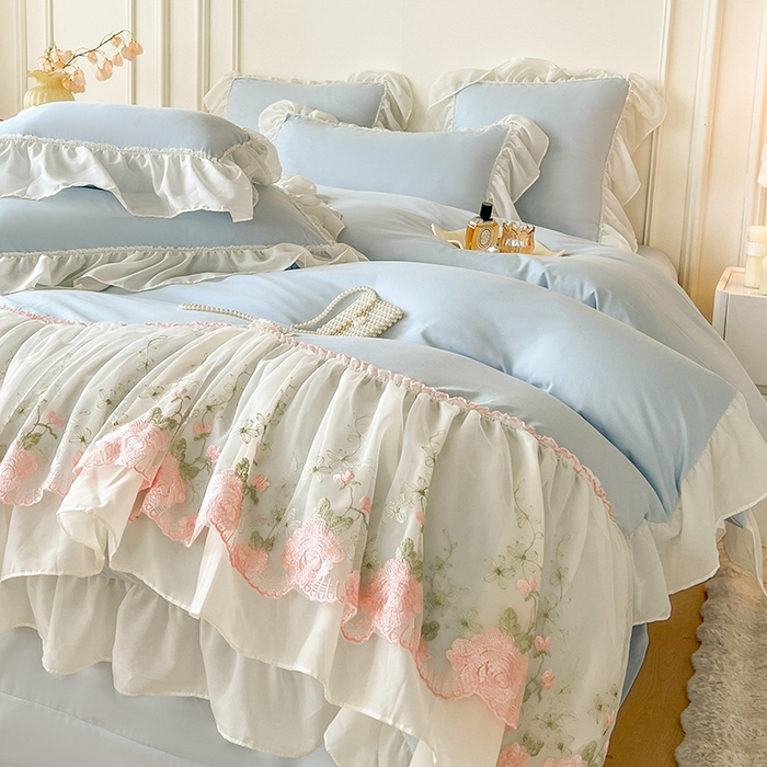 91家纺网 家纺一手货源 找家纺 鼎丰家纺 2025新款蕾丝雪纺花边四件套-悦夏花影系列 悦夏花影-浅蓝