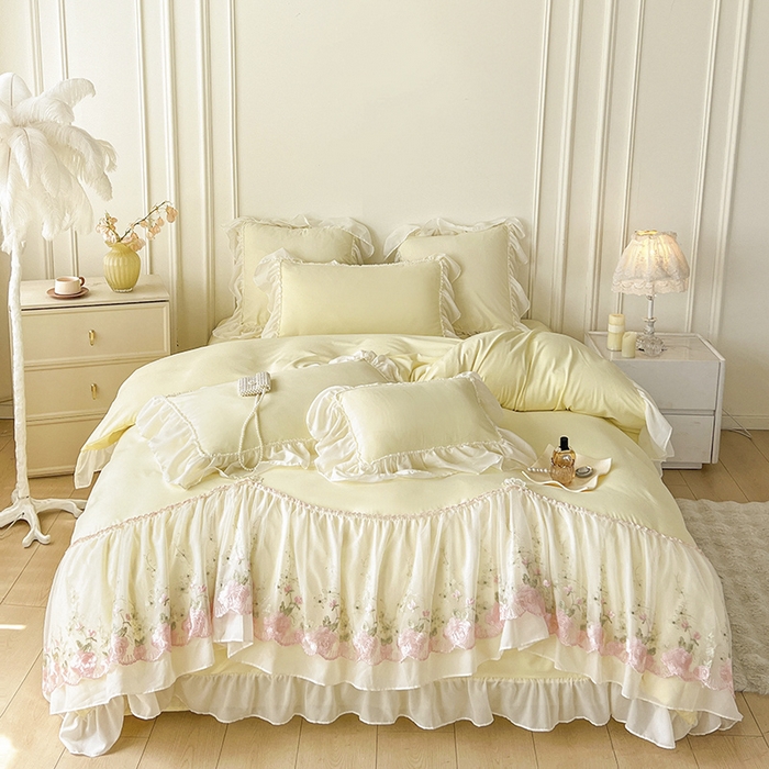 鼎丰家纺 2025新款蕾丝雪纺花边四件套-悦夏花影系列 悦夏花影-米黄