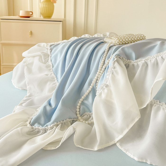 91家纺网 家纺一手货源 找家纺 鼎丰家纺 2025新款蕾丝雪纺花边四件套-悦夏花影系列 悦夏花影-浅蓝