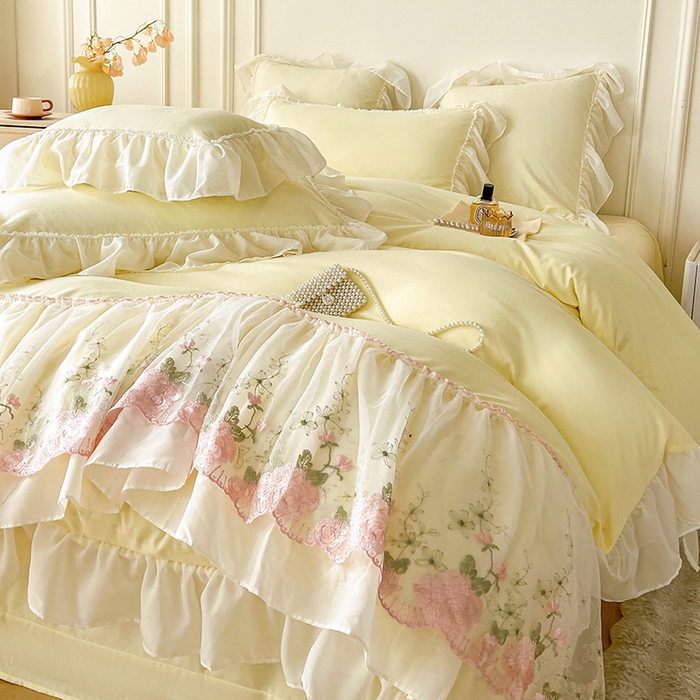 91家纺网 家纺一手货源 找家纺 鼎丰家纺 2025新款蕾丝雪纺花边四件套-悦夏花影系列 悦夏花影-米黄