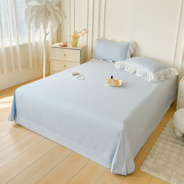 91家纺网 家纺一手货源 找家纺 鼎丰家纺 2025新款蕾丝雪纺花边四件套-悦夏花影系列 悦夏花影-浅蓝