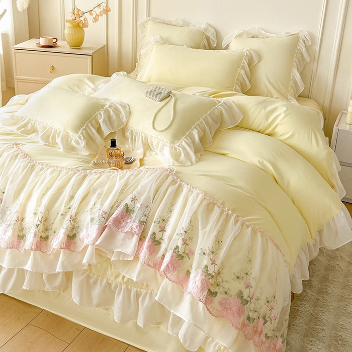 91家纺网 家纺一手货源 找家纺 鼎丰家纺 2025新款蕾丝雪纺花边四件套-悦夏花影系列 悦夏花影-米黄