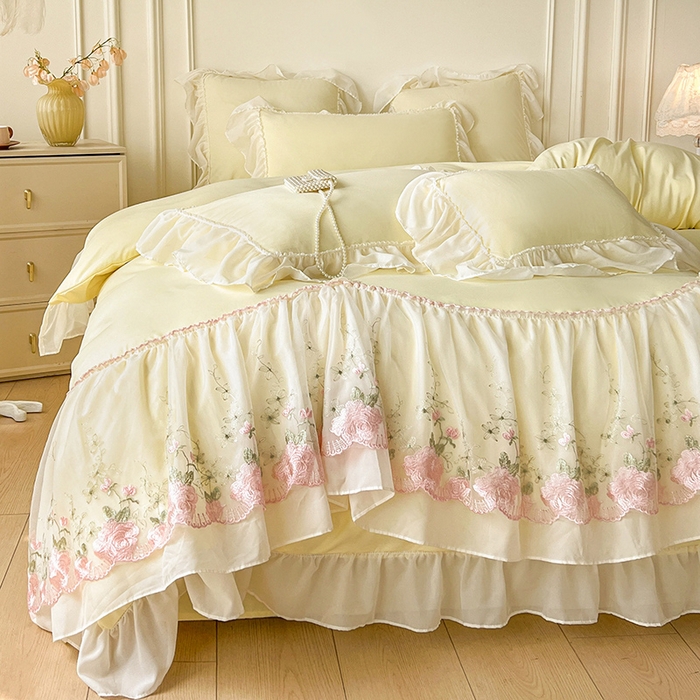 91家纺网 家纺一手货源 找家纺 鼎丰家纺 2025新款蕾丝雪纺花边四件套-悦夏花影系列 悦夏花影-米黄