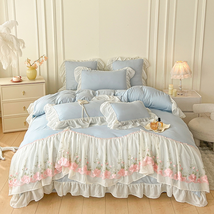 鼎丰家纺 2025新款蕾丝雪纺花边四件套-悦夏花影系列 悦夏花影-浅蓝