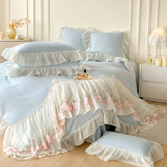 91家纺网 家纺一手货源 找家纺 鼎丰家纺 2025新款蕾丝雪纺花边四件套-悦夏花影系列 悦夏花影-浅蓝