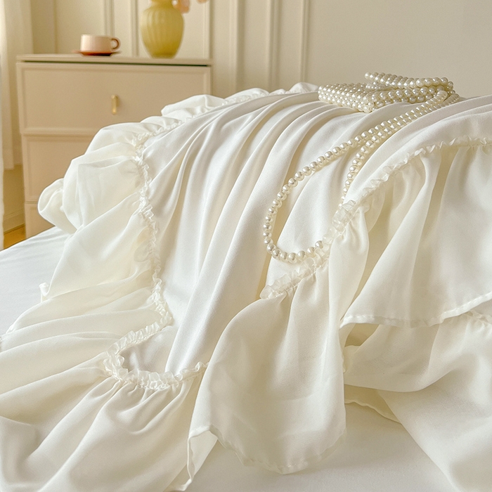 91家纺网 家纺一手货源 找家纺 鼎丰家纺 2025新款蕾丝雪纺花边四件套-悦夏花影系列 悦夏花影-奶白