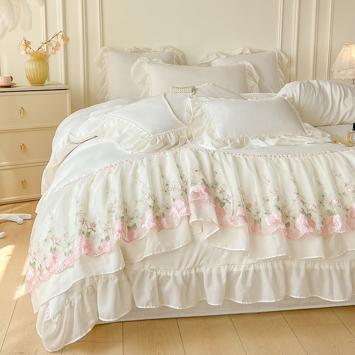 91家纺网 家纺一手货源 找家纺 鼎丰家纺 2025新款蕾丝雪纺花边四件套-悦夏花影系列 悦夏花影-奶白