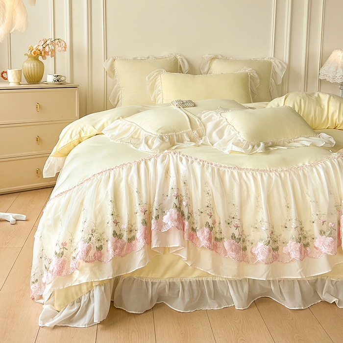 91家纺网 家纺一手货源 找家纺 鼎丰家纺 2025新款蕾丝雪纺花边四件套-悦夏花影系列 悦夏花影-米黄