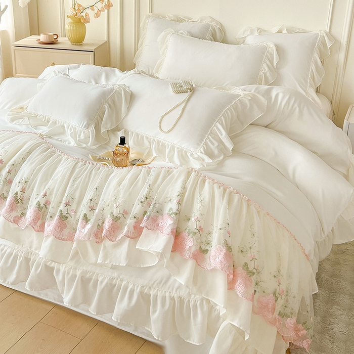 91家纺网 家纺一手货源 找家纺 鼎丰家纺 2025新款蕾丝雪纺花边四件套-悦夏花影系列 悦夏花影-奶白