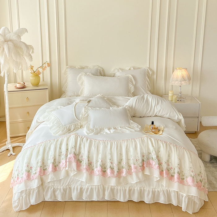 鼎丰家纺 2025新款蕾丝雪纺花边四件套-悦夏花影系列 悦夏花影-奶白