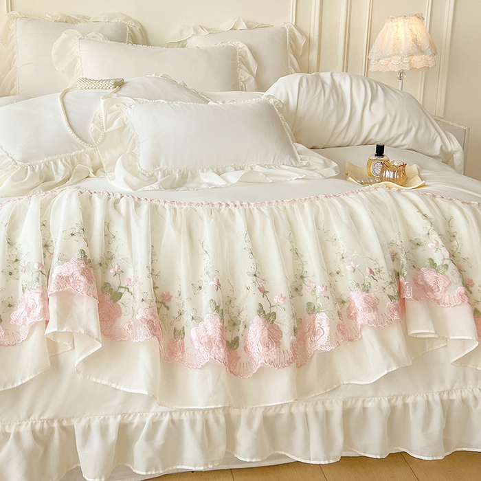 91家纺网 家纺一手货源 找家纺 鼎丰家纺 2025新款蕾丝雪纺花边四件套-悦夏花影系列 悦夏花影-奶白