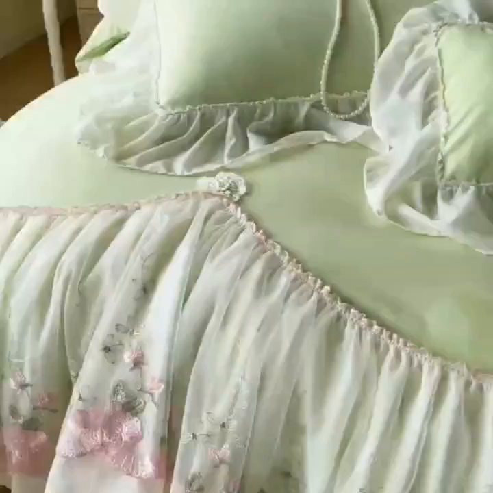 91家纺网 家纺一手货源 找家纺 鼎丰家纺 2025新款蕾丝雪纺花边四件套-悦夏花影系列 悦夏花影-浅绿