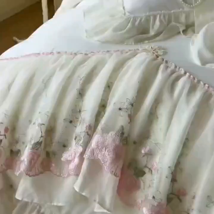 91家纺网 家纺一手货源 找家纺 鼎丰家纺 2025新款蕾丝雪纺花边四件套-悦夏花影系列 悦夏花影-奶白