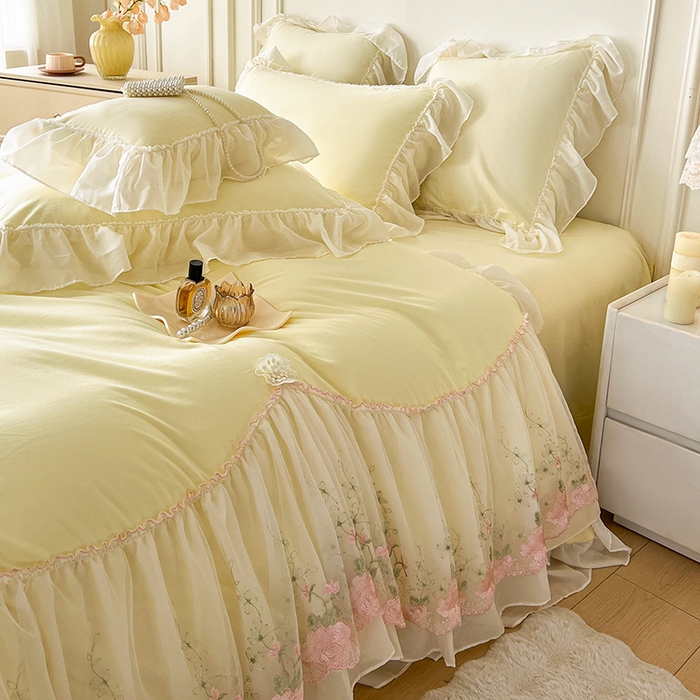 91家纺网 家纺一手货源 找家纺 鼎丰家纺 2025新款蕾丝雪纺花边四件套-悦夏花影系列 悦夏花影-米黄