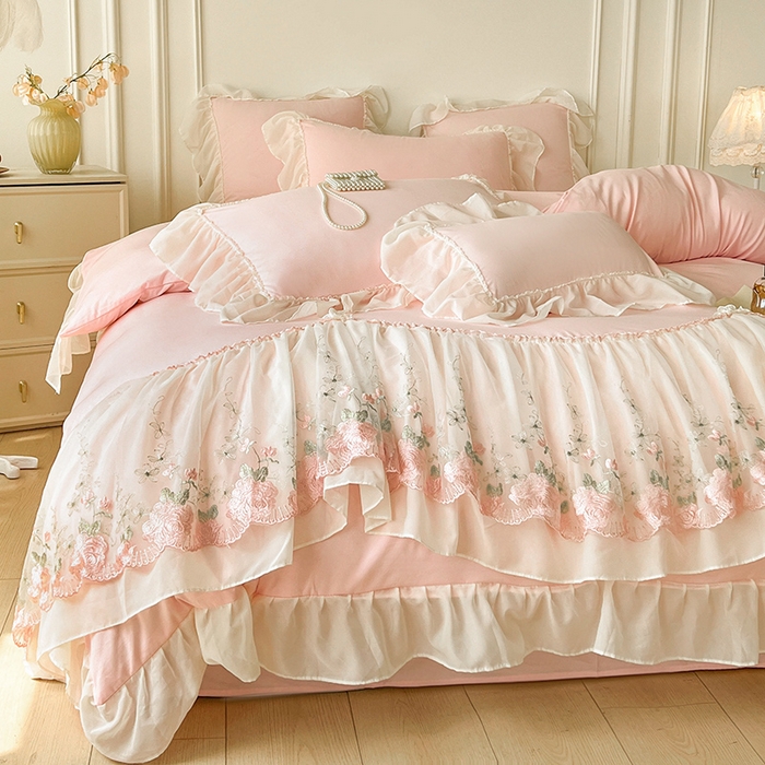 91家纺网 家纺一手货源 找家纺 鼎丰家纺 2025新款蕾丝雪纺花边四件套-悦夏花影系列 悦夏花影-浅粉