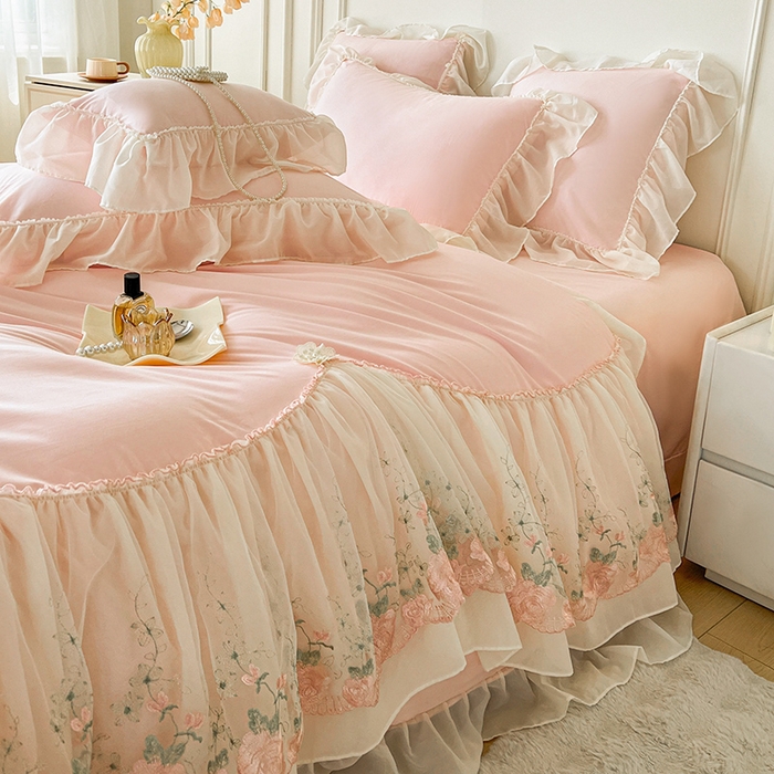 91家纺网 家纺一手货源 找家纺 鼎丰家纺 2025新款蕾丝雪纺花边四件套-悦夏花影系列 悦夏花影-浅粉