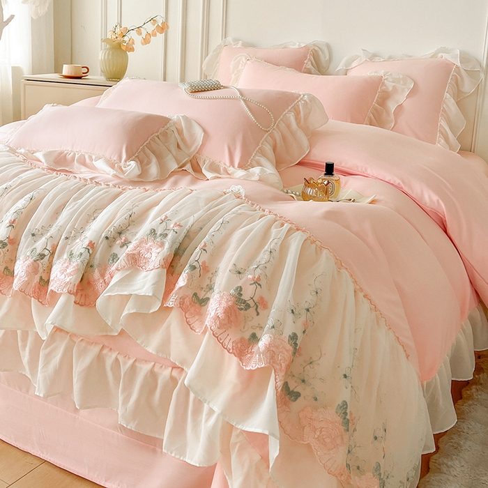 91家纺网 家纺一手货源 找家纺 鼎丰家纺 2025新款蕾丝雪纺花边四件套-悦夏花影系列 悦夏花影-浅粉