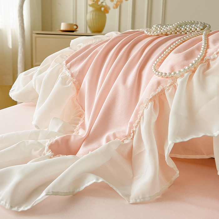 91家纺网 家纺一手货源 找家纺 鼎丰家纺 2025新款蕾丝雪纺花边四件套-悦夏花影系列 悦夏花影-浅粉