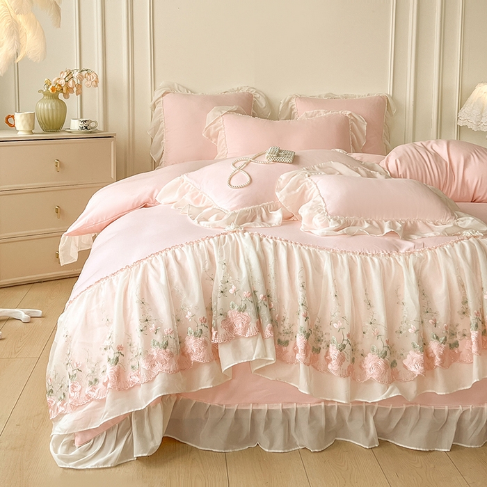 91家纺网 家纺一手货源 找家纺 鼎丰家纺 2025新款蕾丝雪纺花边四件套-悦夏花影系列 悦夏花影-浅粉