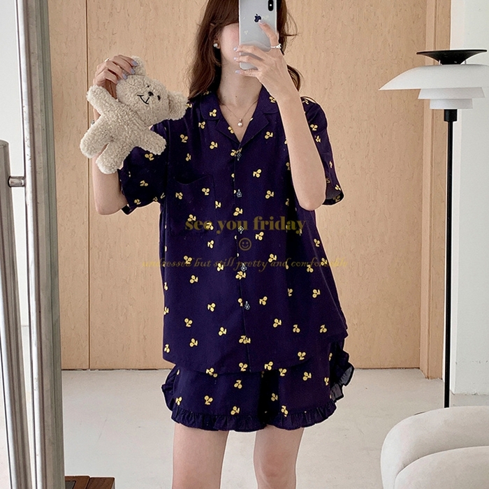 妍景家居生活馆 2025新款韩系小翻领樱桃套装 韩系翻领小樱桃-蓝色