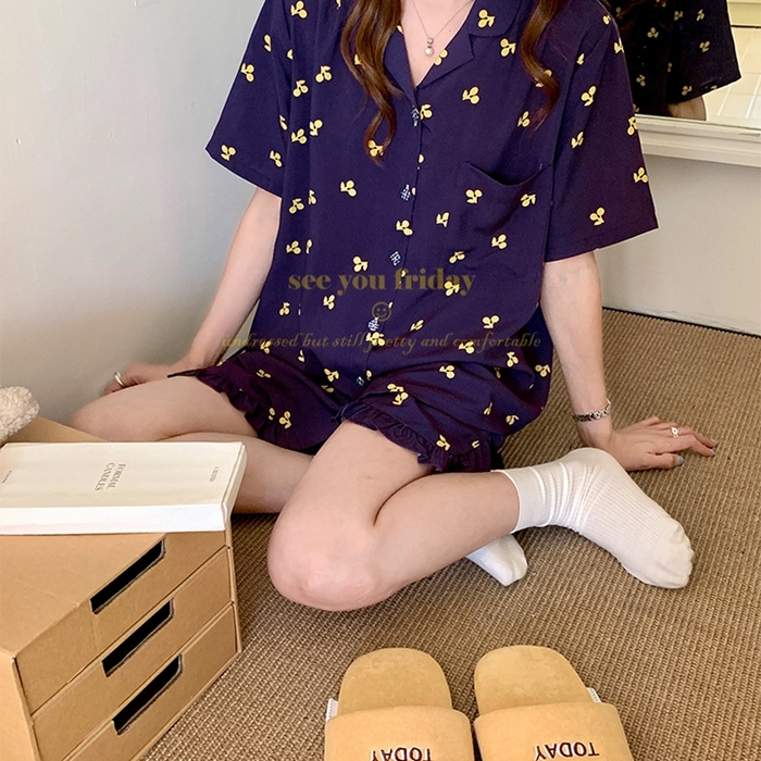 91家纺网 家纺一手货源 找家纺 妍景家居生活馆 2025新款韩系小翻领樱桃套装 韩系翻领小樱桃-蓝色