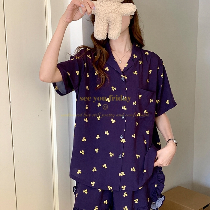 91家纺网 家纺一手货源 找家纺 妍景家居生活馆 2025新款韩系小翻领樱桃套装 韩系翻领小樱桃-蓝色