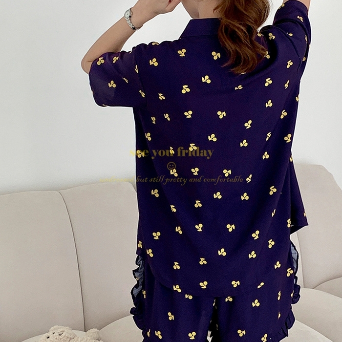 91家纺网 家纺一手货源 找家纺 妍景家居生活馆 2025新款韩系小翻领樱桃套装 韩系翻领小樱桃-蓝色