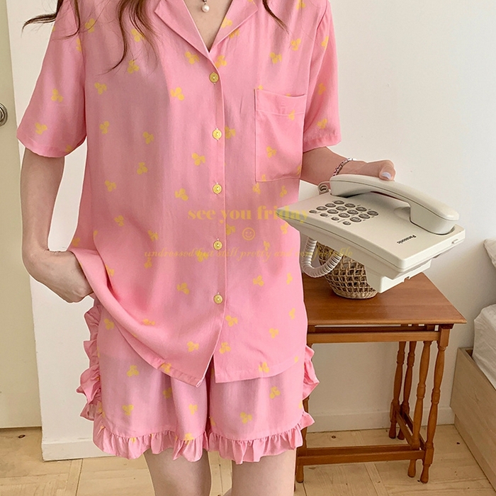 妍景家居生活馆 2025新款韩系小翻领樱桃套装 韩系翻领小樱桃-粉色