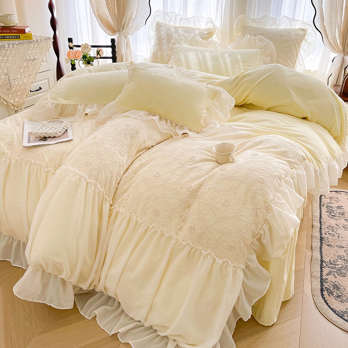 91家纺网 家纺一手货源 找家纺 （总）鼎丰家纺 2025新款立体蕾丝雪纺花边四件套-月光花园系列