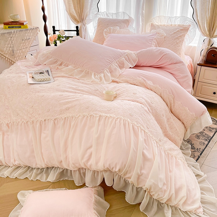 鼎丰家纺 2025新款立体蕾丝雪纺花边四件套-月光花园系列 月光花园-浅粉