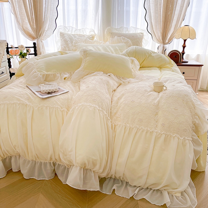 91家纺网 家纺一手货源 找家纺 鼎丰家纺 2025新款立体蕾丝雪纺花边四件套-月光花园系列 月光花园-米色