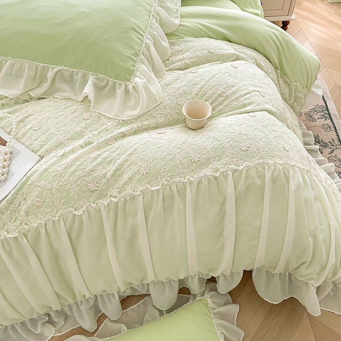 91家纺网 家纺一手货源 找家纺 鼎丰家纺 2025新款立体蕾丝雪纺花边四件套-月光花园系列 月光花园-浅绿