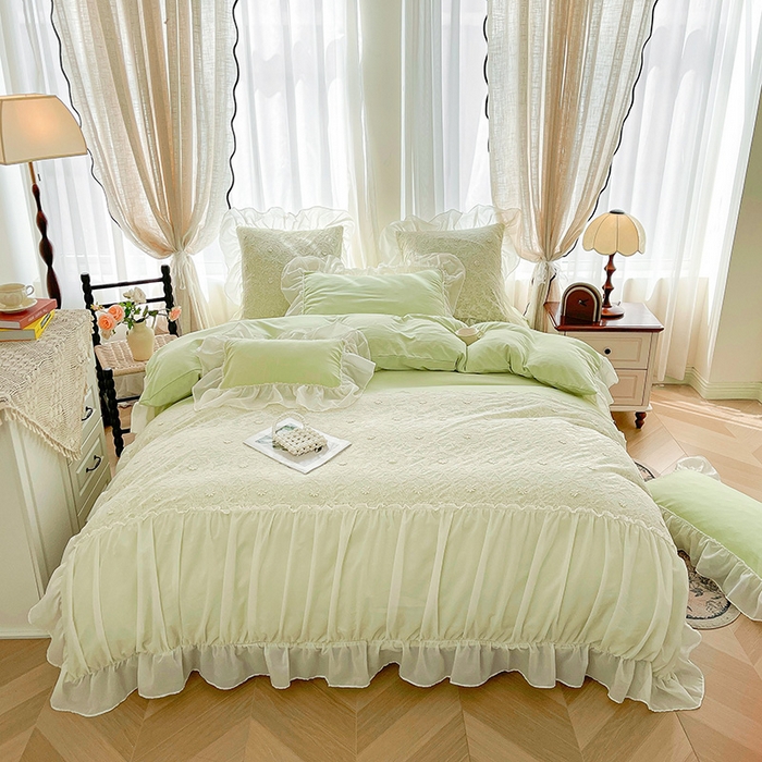 91家纺网 家纺一手货源 找家纺 鼎丰家纺 2025新款立体蕾丝雪纺花边四件套-月光花园系列 月光花园-浅绿