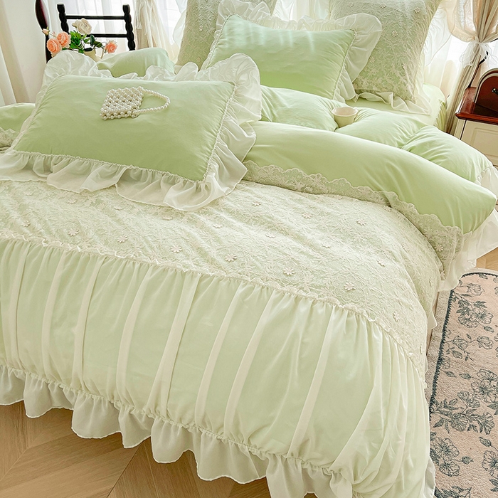 91家纺网 家纺一手货源 找家纺 鼎丰家纺 2025新款立体蕾丝雪纺花边四件套-月光花园系列 月光花园-浅绿