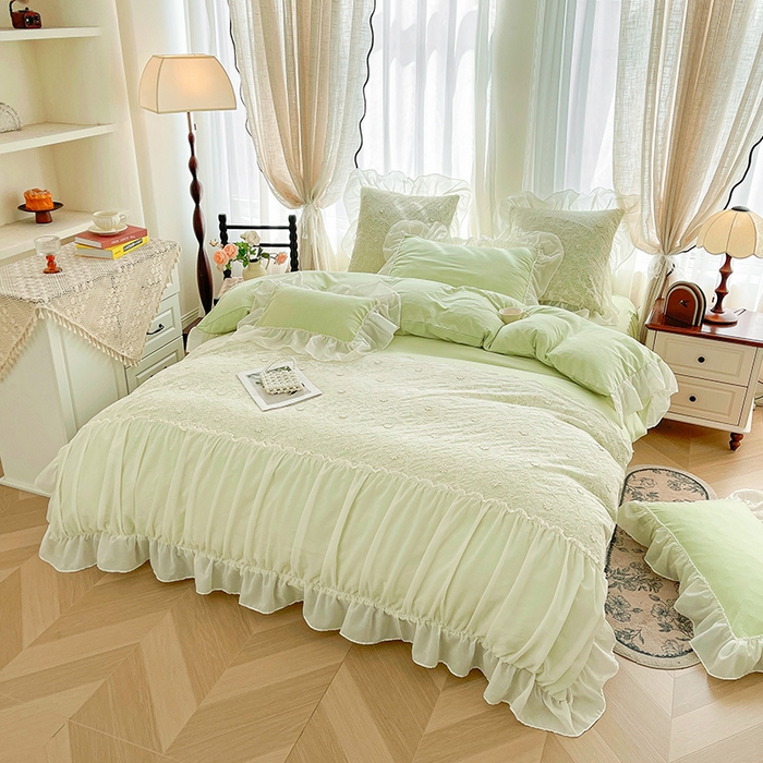 91家纺网 家纺一手货源 找家纺 鼎丰家纺 2025新款立体蕾丝雪纺花边四件套-月光花园系列 月光花园-浅绿