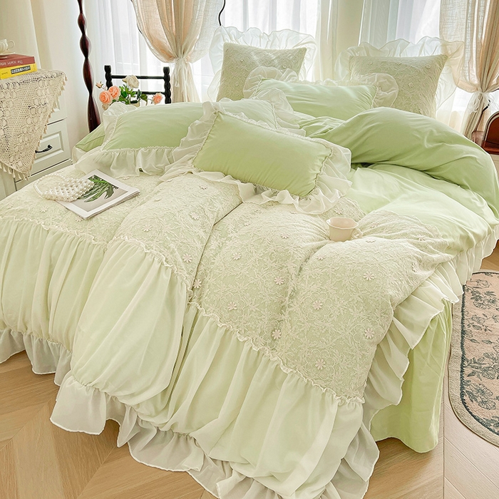 91家纺网 家纺一手货源 找家纺 鼎丰家纺 2025新款立体蕾丝雪纺花边四件套-月光花园系列 月光花园-浅绿