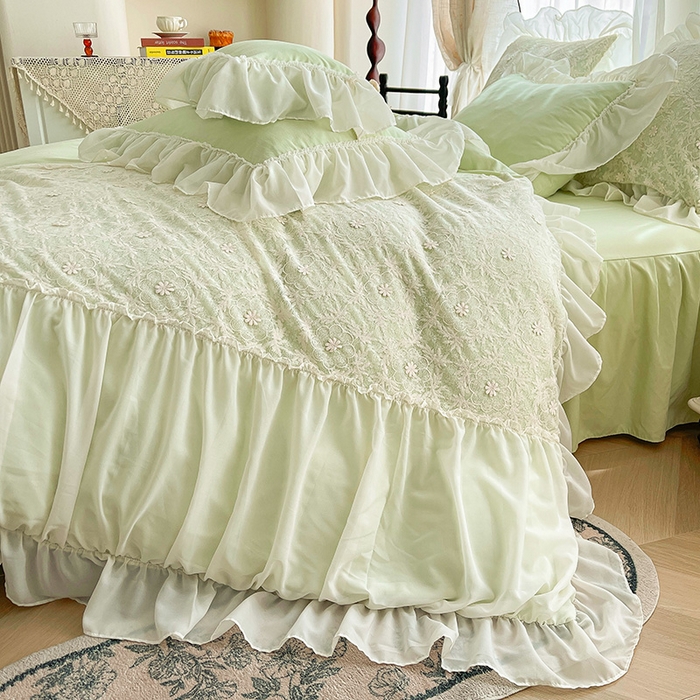 91家纺网 家纺一手货源 找家纺 鼎丰家纺 2025新款立体蕾丝雪纺花边四件套-月光花园系列 月光花园-浅绿