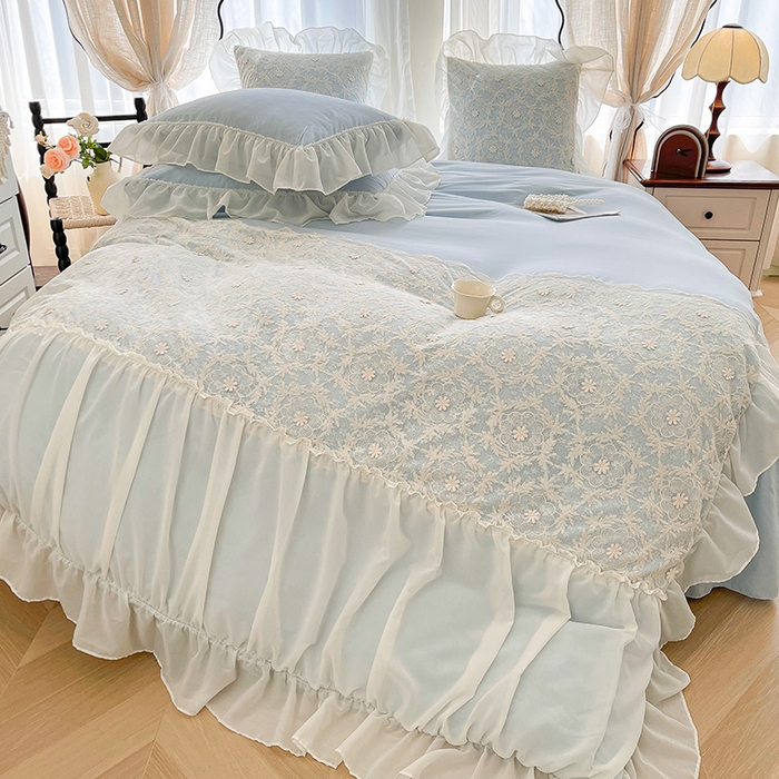 91家纺网 家纺一手货源 找家纺 鼎丰家纺 2025新款立体蕾丝雪纺花边四件套-月光花园系列 月光花园-浅蓝