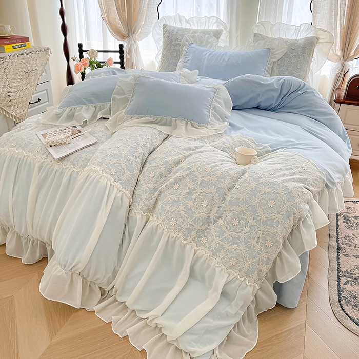 91家纺网 家纺一手货源 找家纺 鼎丰家纺 2025新款立体蕾丝雪纺花边四件套-月光花园系列 月光花园-浅蓝