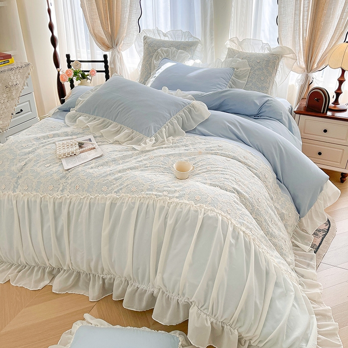 鼎丰家纺 2025新款立体蕾丝雪纺花边四件套-月光花园系列 月光花园-浅蓝